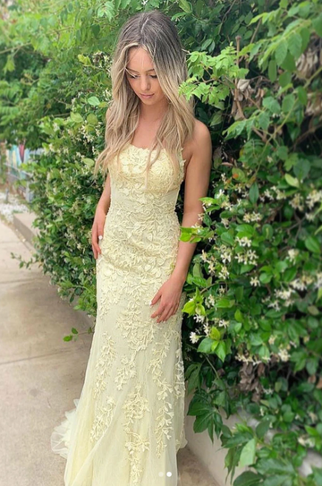 Yellow tulle lace backless long evening dress, yellow prom dress HZ1023